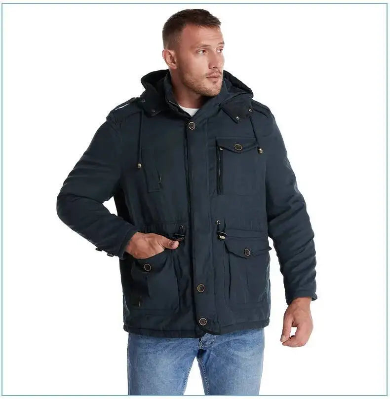 2025 Winter Men's American Fashion Versatile Hooded Cotton Jacket Thickened Multi Pocket Casual Simple Medium Length Top Coats