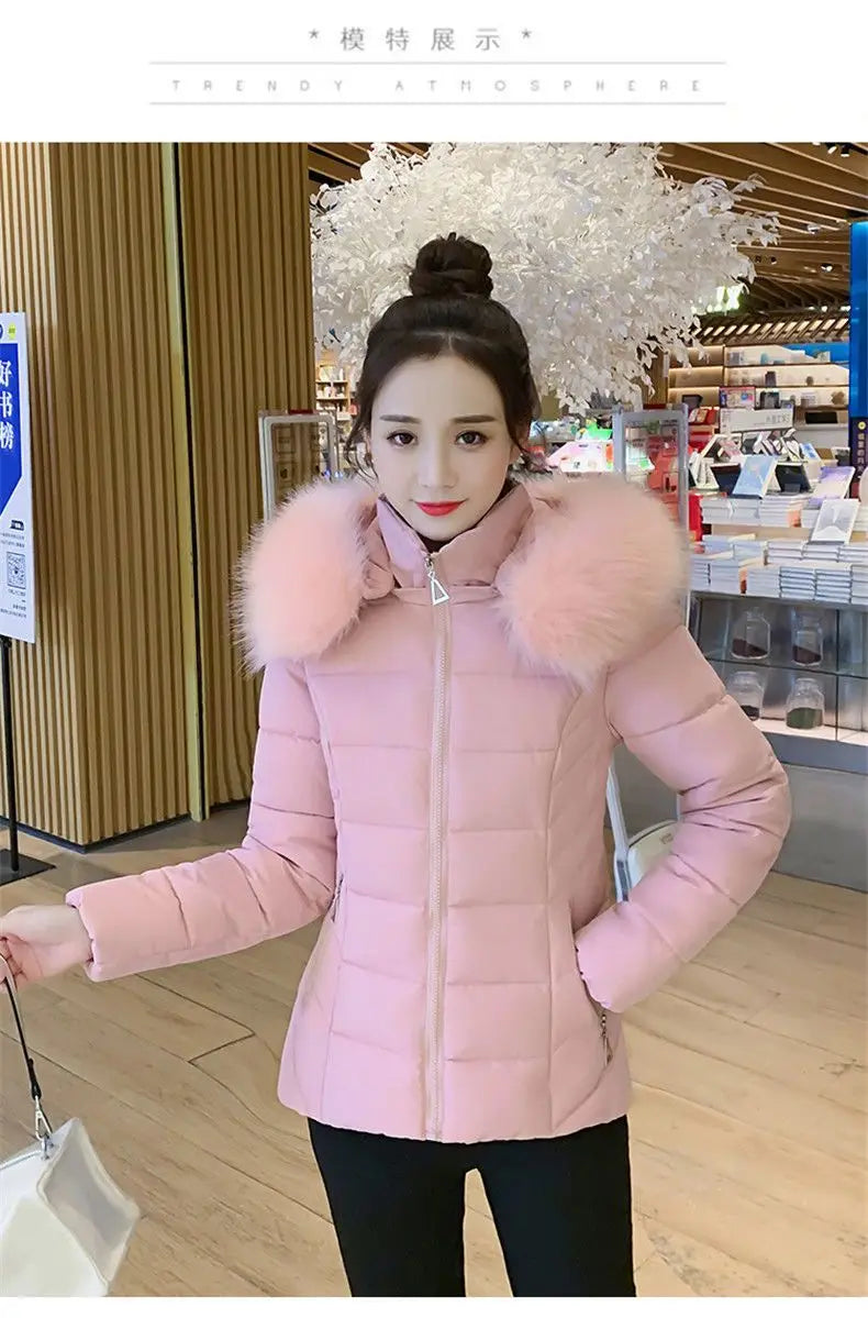 Fashion Winter Jacket Women 2025 New Korean Big Fur Collar Hooded Thick Down Parkas Female Short Coat Slim Warm Outerwear R047