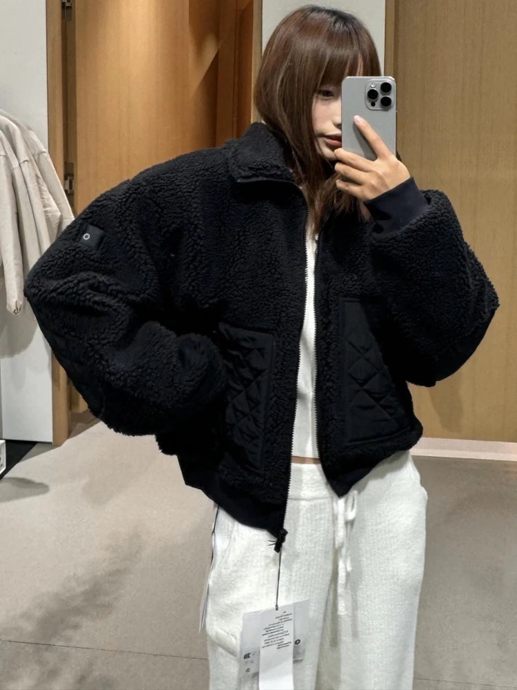White Winter Jacket Women Lamb Fleece Zipper High Waist Short Jacket Fashion Thickened Stand Collar Black Jackets for Women