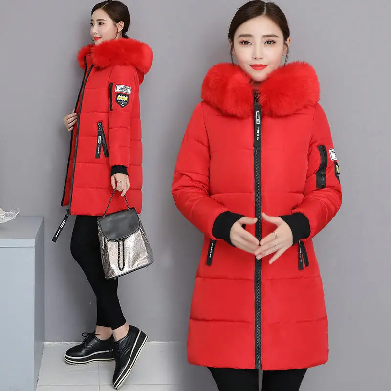 Winter Women Coat Parkas Mid-length Hooded Padded Jacket Big Fur Collar Warmth Jacket Cheap Wholesale
