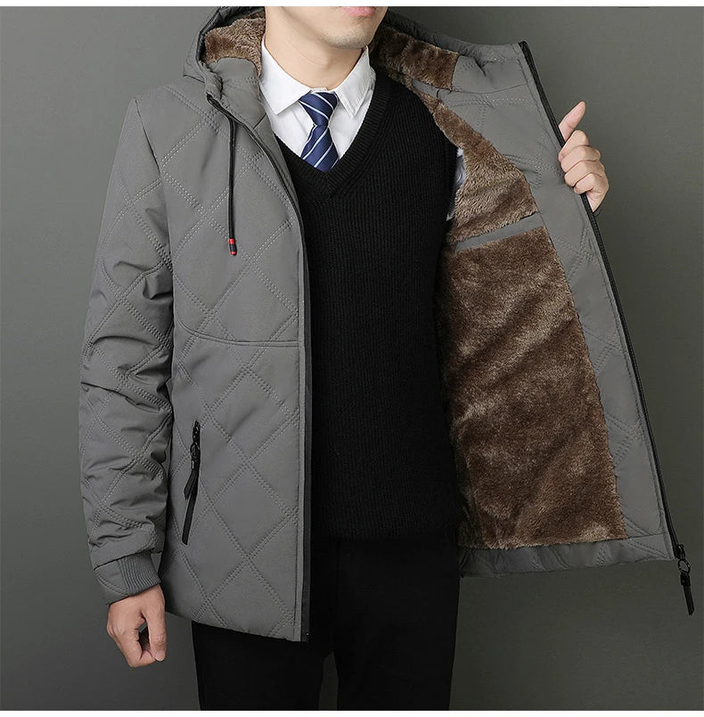 Winter Hooded Jacket Men Windproof Warm Business Casual Men Coats Blazers for Men Formal Social Jacket Solid Color Thick Coat