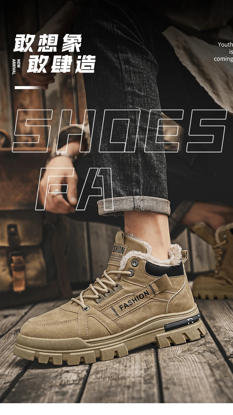 Men's plus size warm and velvet work boots soft-sole anti-slip high-top boots winter fashion youth comfort outdoor cotton boots