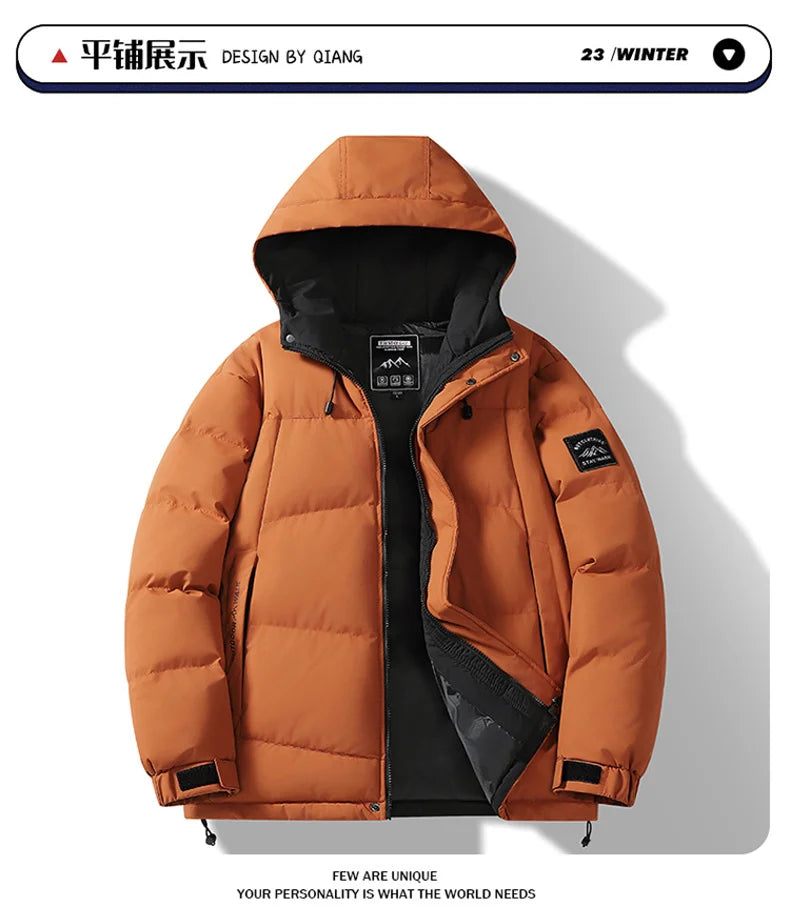 Fashion Trend with Hood Parkas for Men Quality Comfortable Thicken Warm Outerwear Solid Color Windproof Male Clothes Winter New