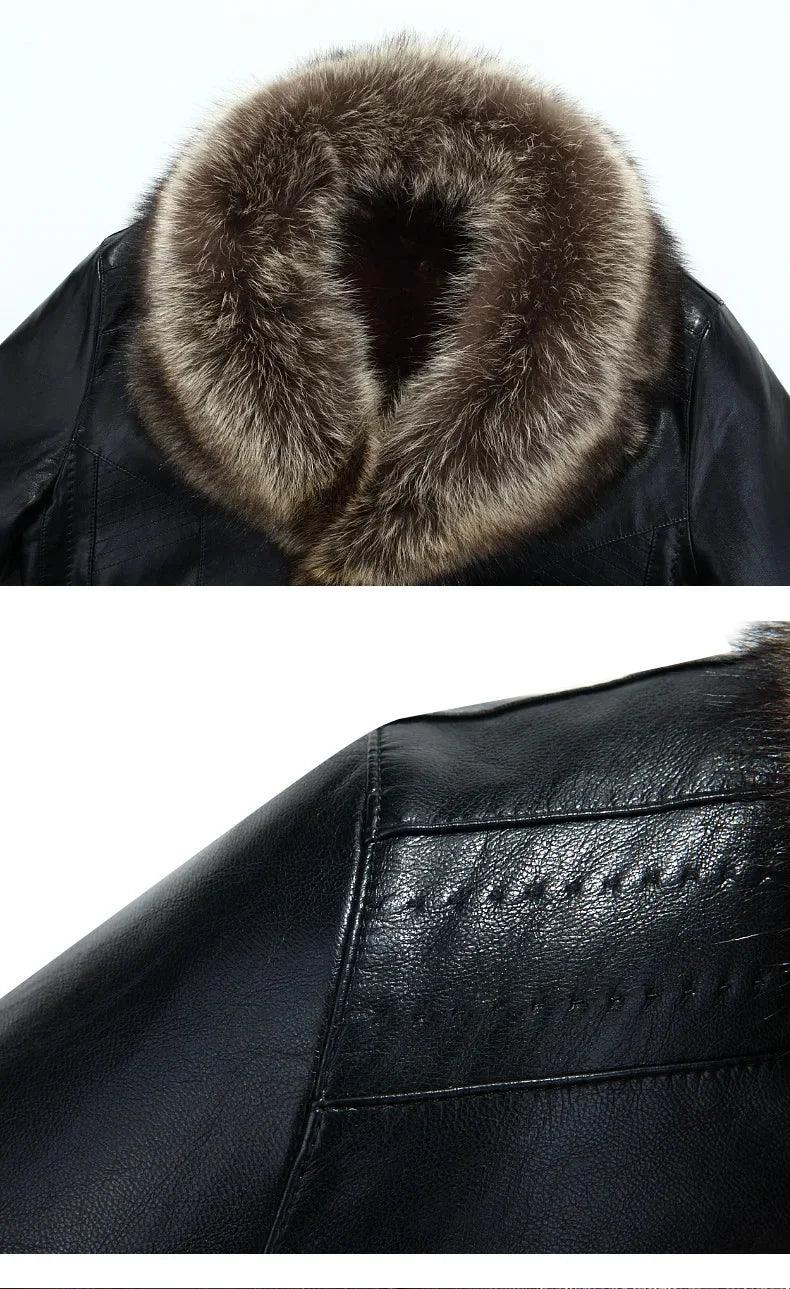 Winter New Leather Jacket for Men Short Plush Thickened Jackets 2025 Men's Raccoon Fur Collar Lapel Coats Jaqueta Couro