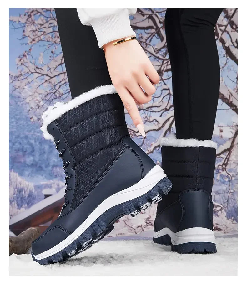 2025 Winter Women's Waterproof High Heel Boots Strap Up Flat Heel Boots Warm Snow Shoes, Plush Outdoor Fashion Casual Boots