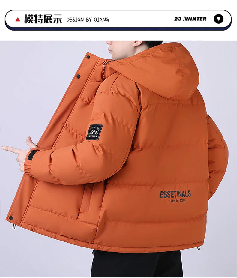 Fashion Trend with Hood Parkas for Men Quality Comfortable Thicken Warm Outerwear Solid Color Windproof Male Clothes Winter New