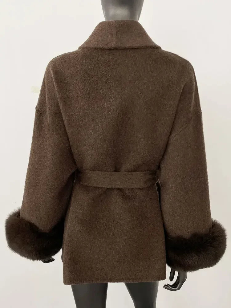 2024 New Winter Jacket for Women Natural Fox Fur Collar Thickened Warm Cashmere Wool Double-sided Coat Fashion V-neck Commuting