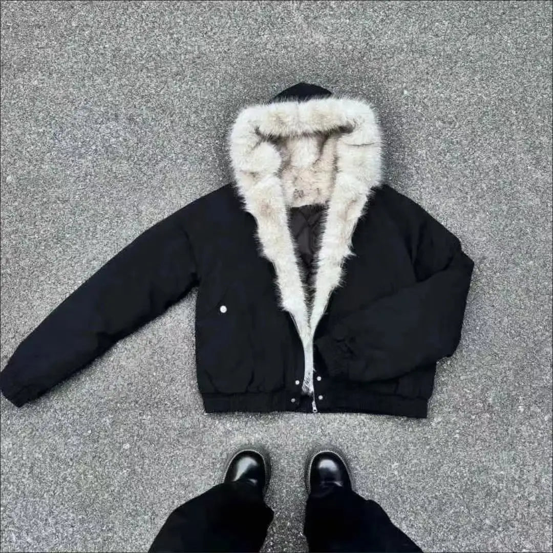 Winter plush jacket American log warm jacket men and women retro stylish hip-hop simple loose leather motorcycle punk jacket