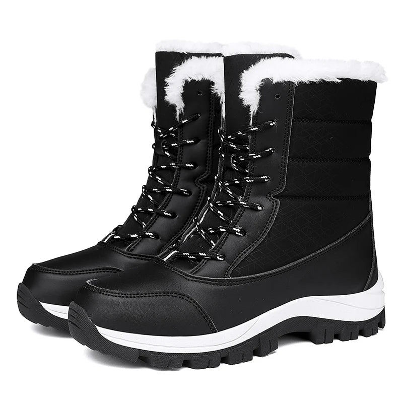 2025 Winter Women's Waterproof High Heel Boots Strap Up Flat Heel Boots Warm Snow Shoes, Plush Outdoor Fashion Casual Boots