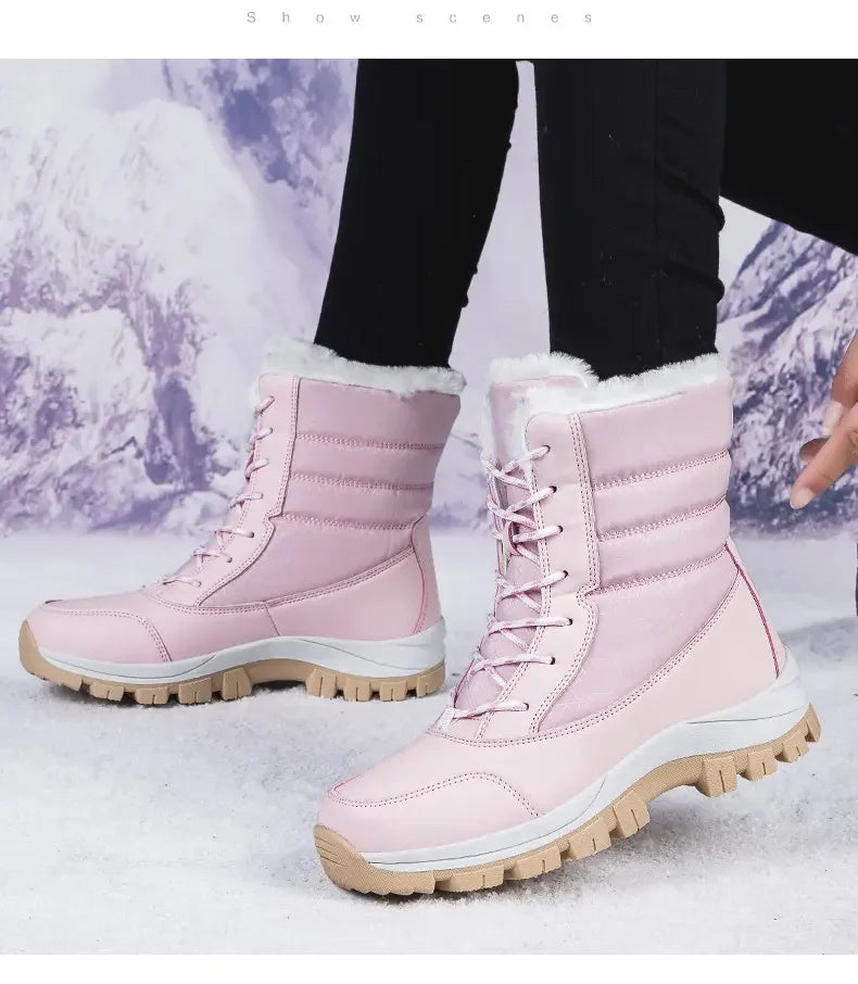 2025 Winter Women's Waterproof High Heel Boots Strap Up Flat Heel Boots Warm Snow Shoes, Plush Outdoor Fashion Casual Boots