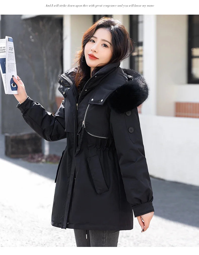 CJFHJE Parkas Winter Jackets Women Chaquetas Para Mujeres Waist Big Fur Collar Warm Down Jacket Outdoor Coat Abrigos De Plumas