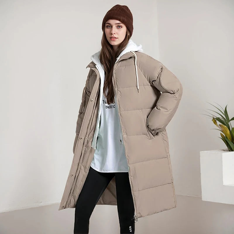 Winter Women Jacket Casual Loose Cotton-padded Knitted Hat Long Overcoat Fashion High Quality Fake Two Pieces Hooded Long Coat