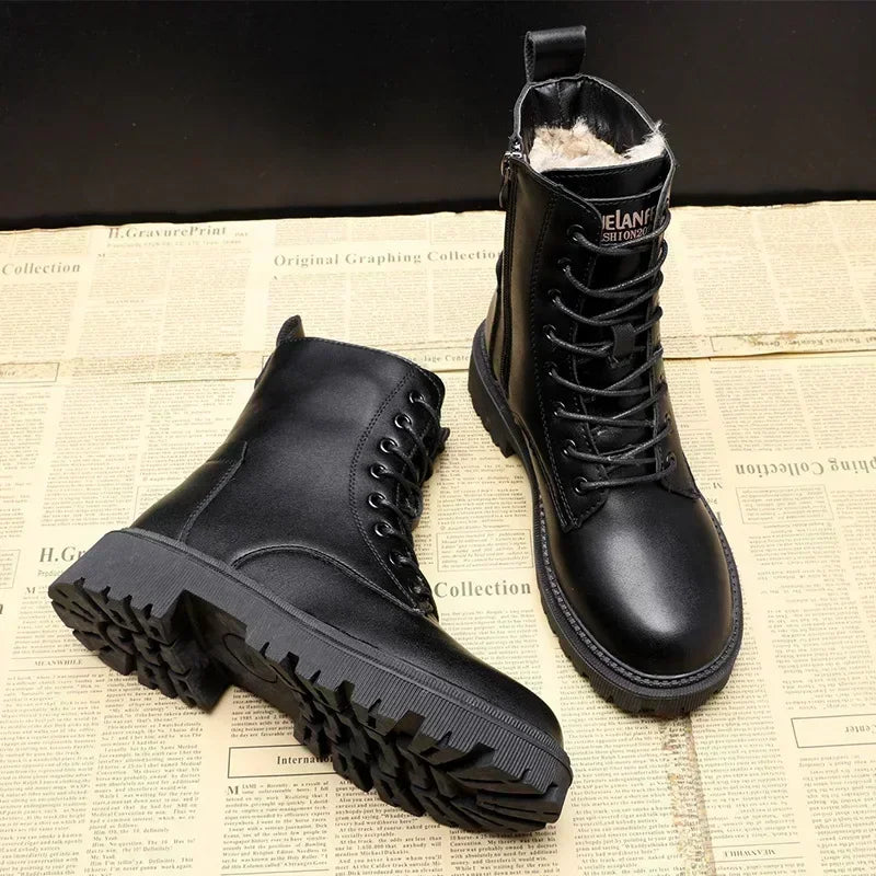 Waterproof Winter Snow Boots Women 2025 Plus Velvet Thick Cotton Women Shoes Black Leather Warm Platform Women's Ankle Boots