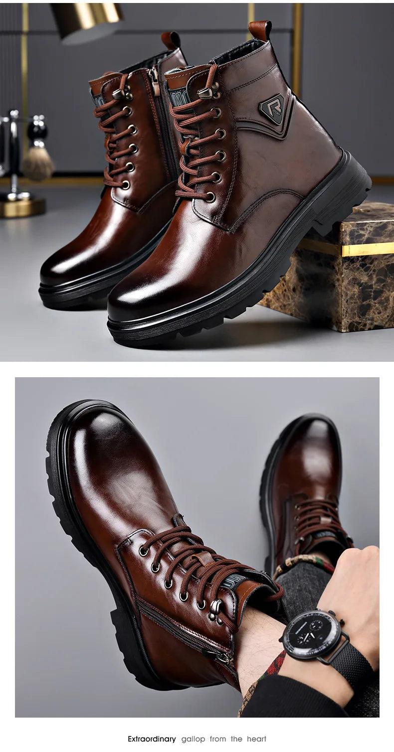 Autumn Winter Side Zipper Genuine Leather Boots for Men Fashion Casual Warm Cotton Work Shoes Man New Designer Ankle Boots Male