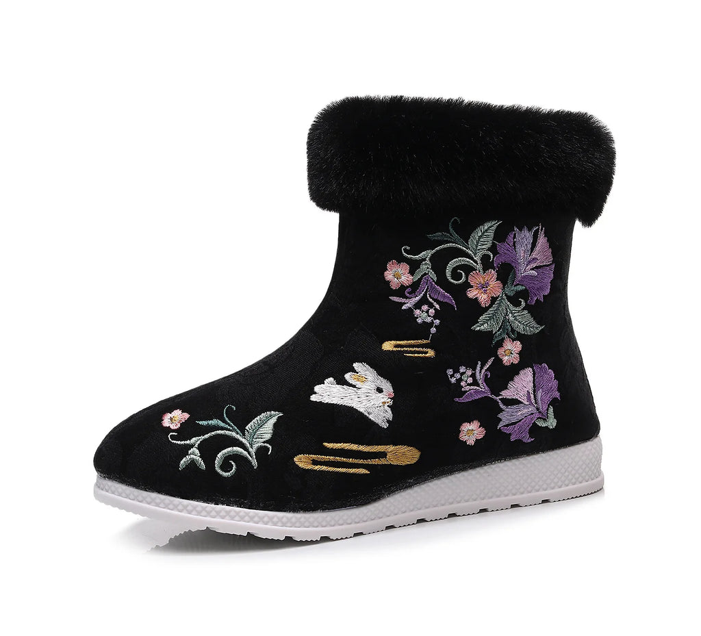 Fashion Winter Boots Women's Shoes Ethnic Style Embroidered Short Boots Women Warm Snow Shoes Female Antiquity Dance Flat Boot