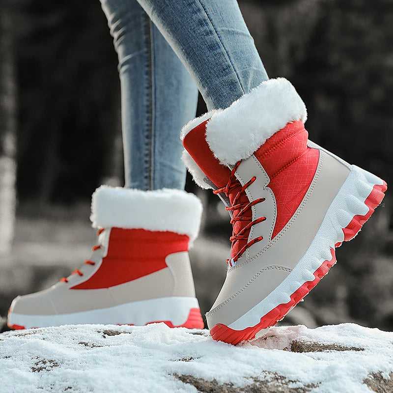 Women's Winter Fashionable Casual and Comfortable Snow Boots - Plush Lined Collar, Non-Slip, Wear-Resistant and Durable Soles, Warm Lining, Round Toe, Warm Outdoor Hiking Boots with Lace-Up Closure