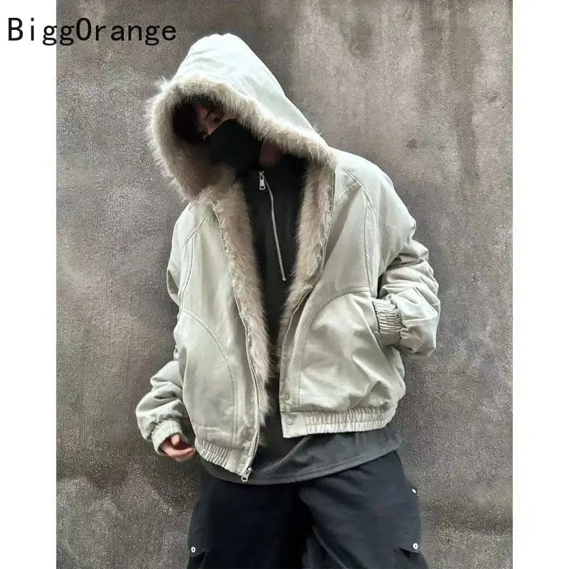 Winter plush jacket American log warm jacket men and women retro stylish hip-hop simple loose leather motorcycle punk jacket