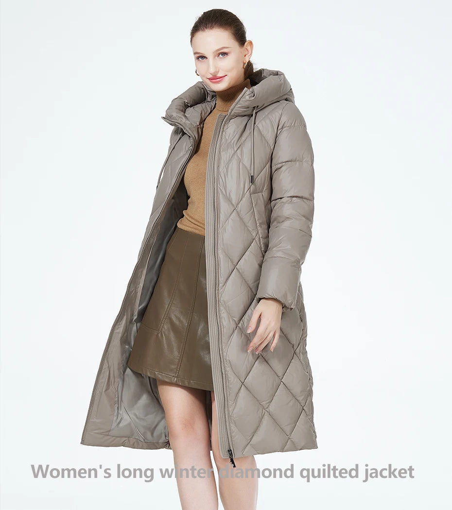 ICEbear-Women's Diamond Quilted Jacket, Lengthened Style, Padded Parka, Warm Cotton Coat, Lengthened, Winter, 2023, GWD22631D