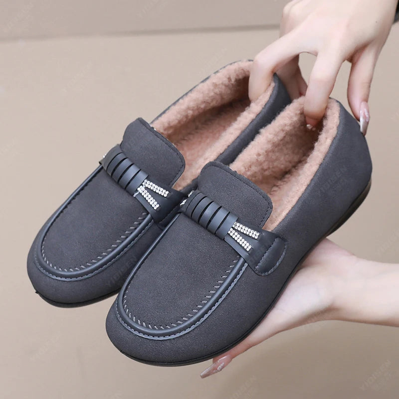 Women Winter Casual Shoes New Soft Flat Non-slip Loafers Fashion Comfort Warm Plush Slip on Female Cotton Shoes