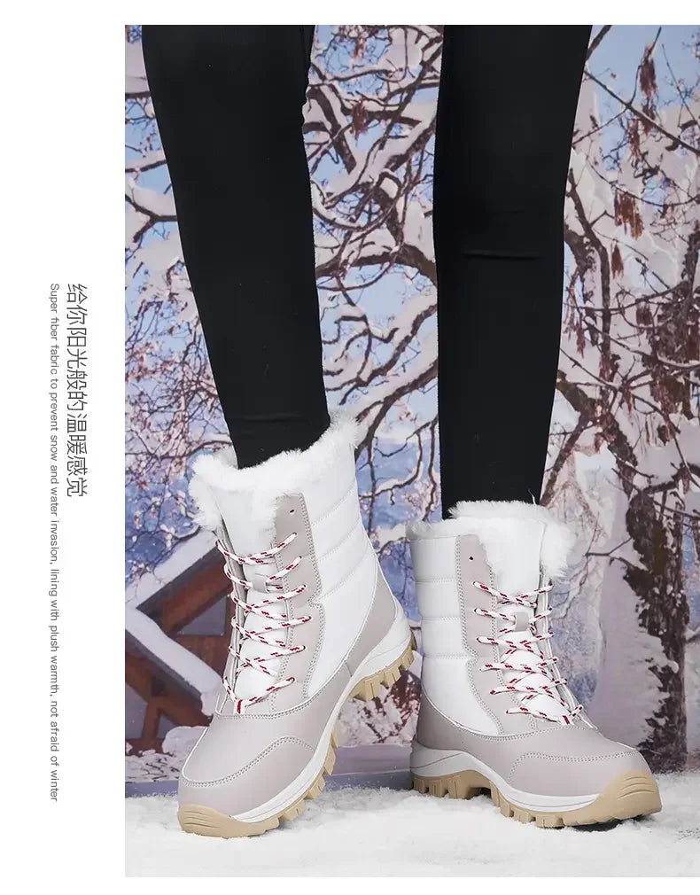 2025 Winter Women's Waterproof High Heel Boots Strap Up Flat Heel Boots Warm Snow Shoes, Plush Outdoor Fashion Casual Boots