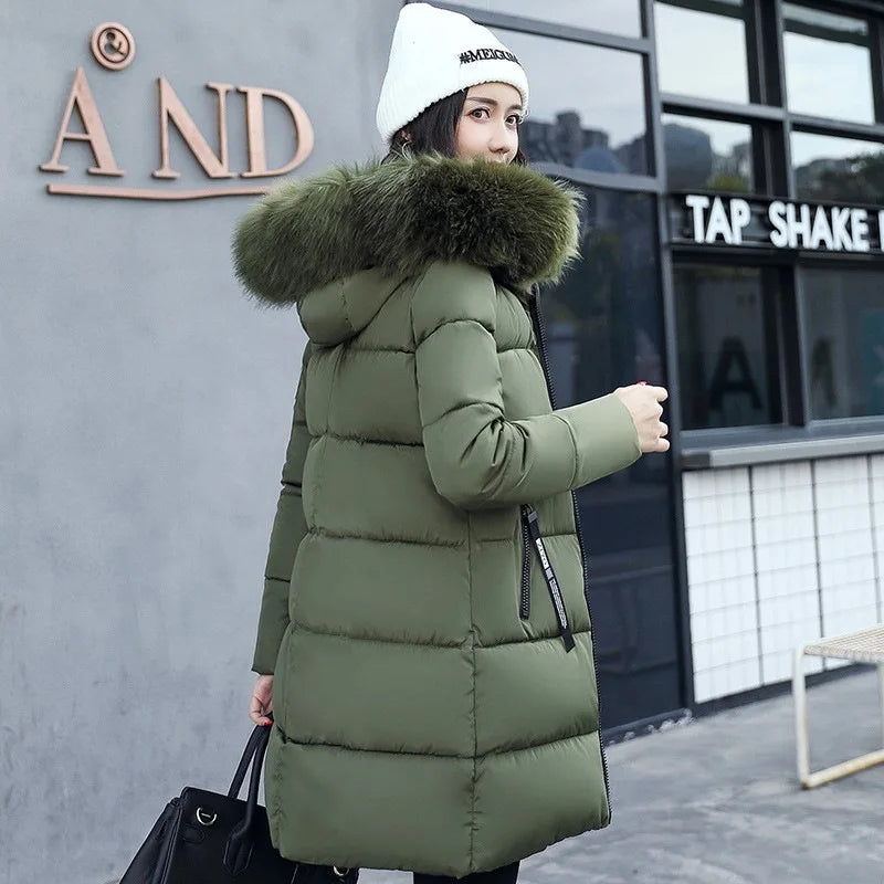 Winter Women Coat Parkas Mid-length Hooded Padded Jacket Big Fur Collar Warmth Jacket Cheap Wholesale