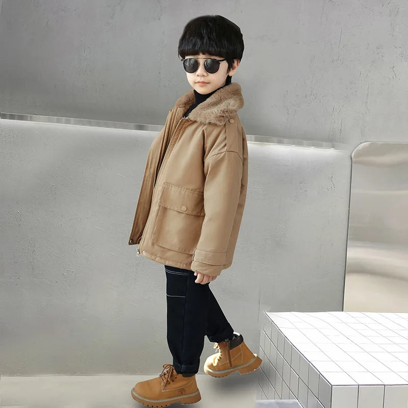 Winter Boys Insulated Jacket Child Khaki Color Retro Plus Thicken Coat Warm Outerwear High Quality Clothes Kids Windbreaker Coat