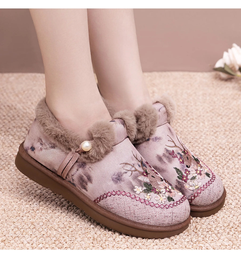 Winter Snow Boots For Women Brand Plus Thick Fur Cotton Shoes Outdoor Warm Footwear Embroidery ladies Ankle Boot Lazy Shoes
