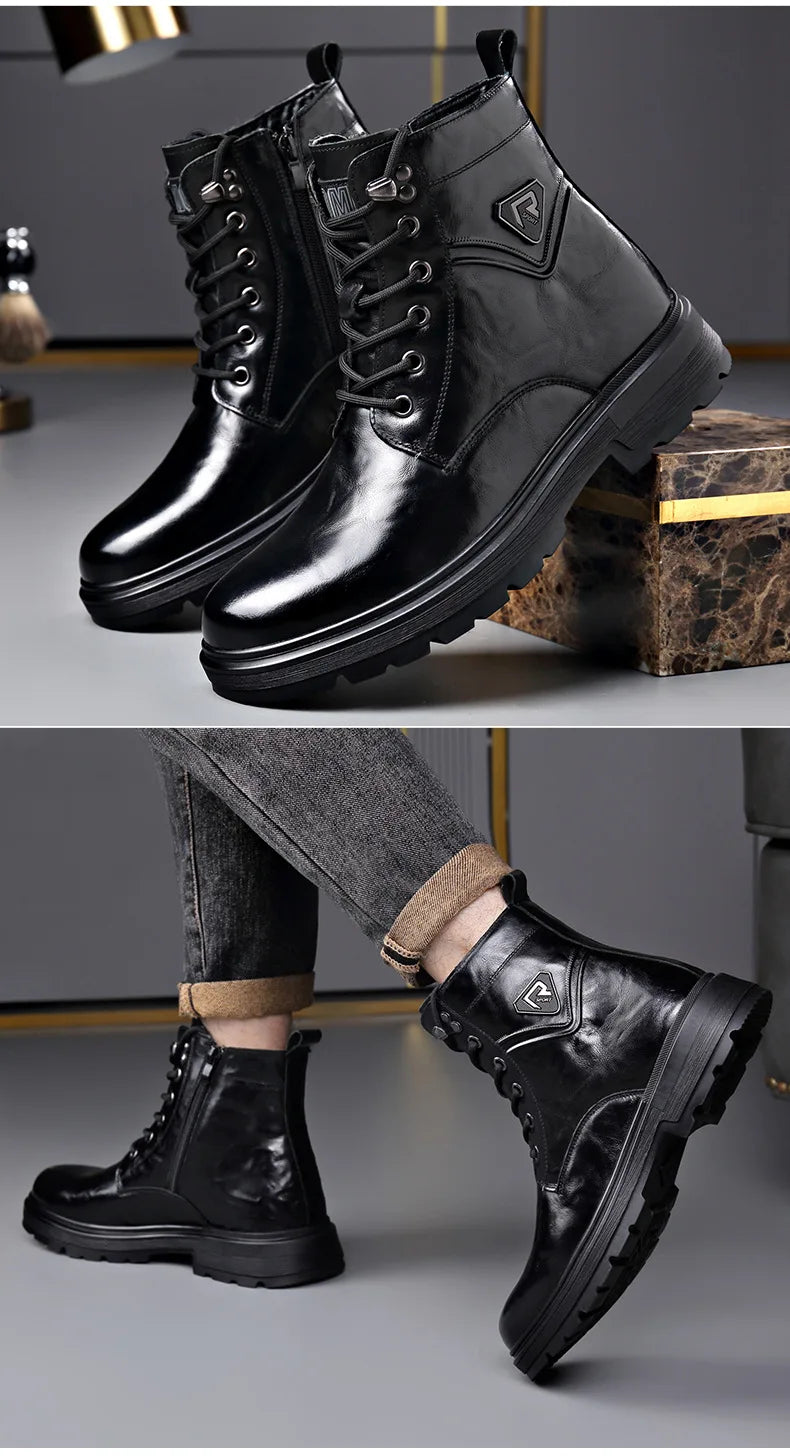Autumn Winter Side Zipper Genuine Leather Boots for Men Fashion Casual Warm Cotton Work Shoes Man New Designer Ankle Boots Male
