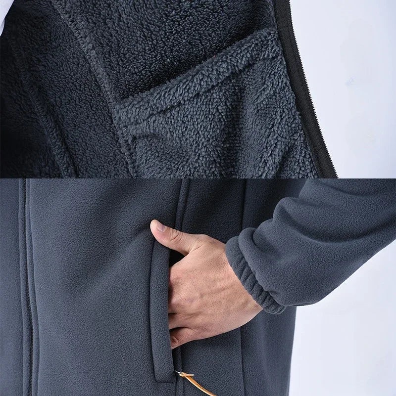 Winter Thicken Polar Fleece Jacket Warmth Windproof Full Zip Up Coat Multiple Zipper Pockets Outdoors Plus Size Jackets Outwear