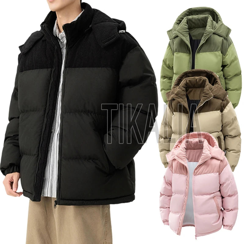 Winter Parka Jacket Men Removable Hood Thicken Keep Warm Cold Weather Windproof Coats Patchwork Cotton Padded Puffer Jacket