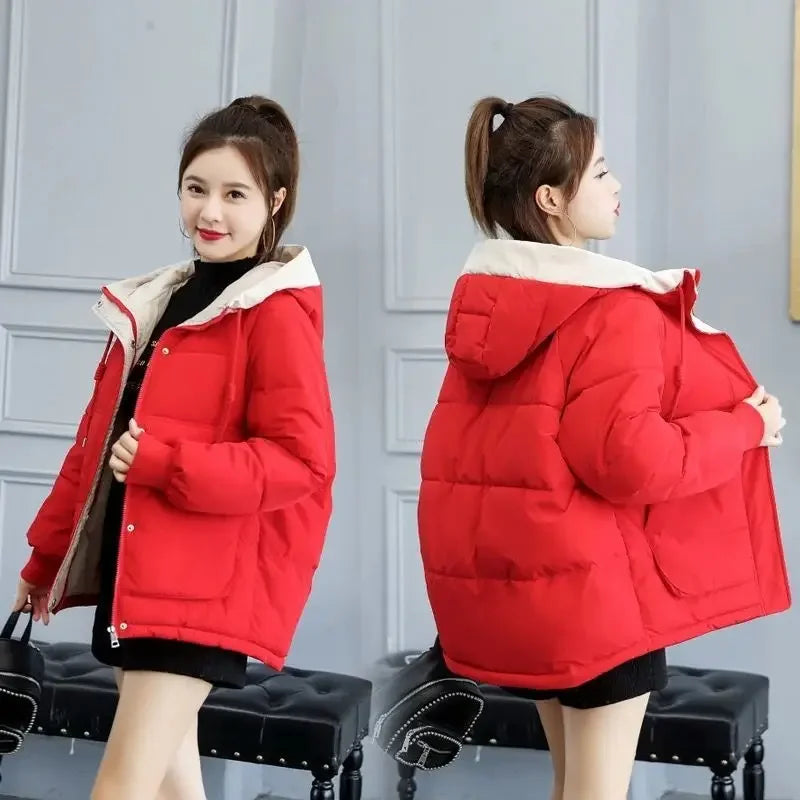 Women's Winter Jacket Cotton Padded Short Coat Ladies Students Long Sleeved Hooded Warm Outwear