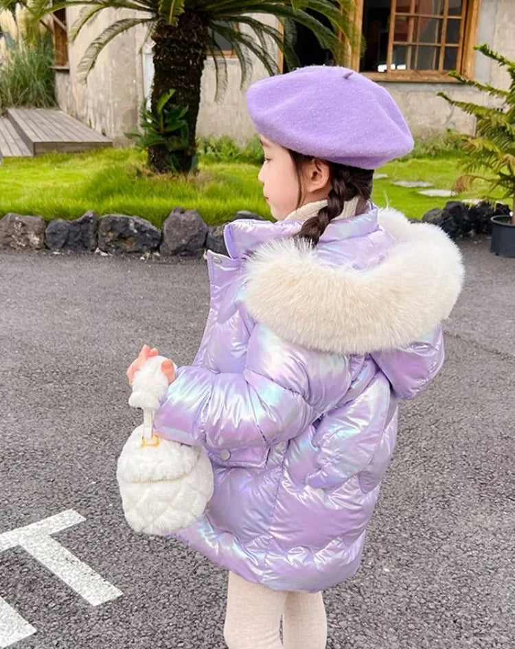 Winter Girls Down Jacket with Faux Fur Lining - Thermal Insulation Windproof Stain Resistant Coat for Medium To Large Kids