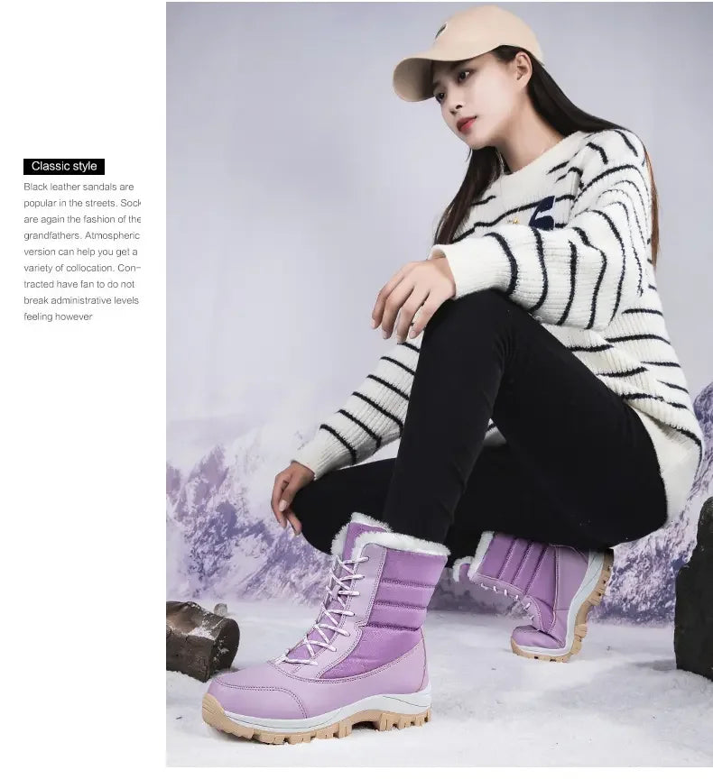 2025 Winter Women's Waterproof High Heel Boots Strap Up Flat Heel Boots Warm Snow Shoes, Plush Outdoor Fashion Casual Boots