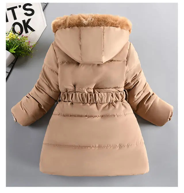 Thick Keep Warm Winter Girls Jacket Detachable Hat Plush Collar Hooded Padded Lining Coat For Kids Children Birthday Present