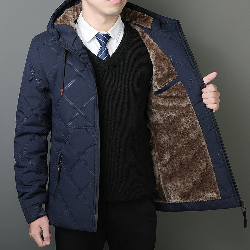 Winter Hooded Jacket Men Windproof Warm Business Casual Men Coats Blazers for Men Formal Social Jacket Solid Color Thick Coat