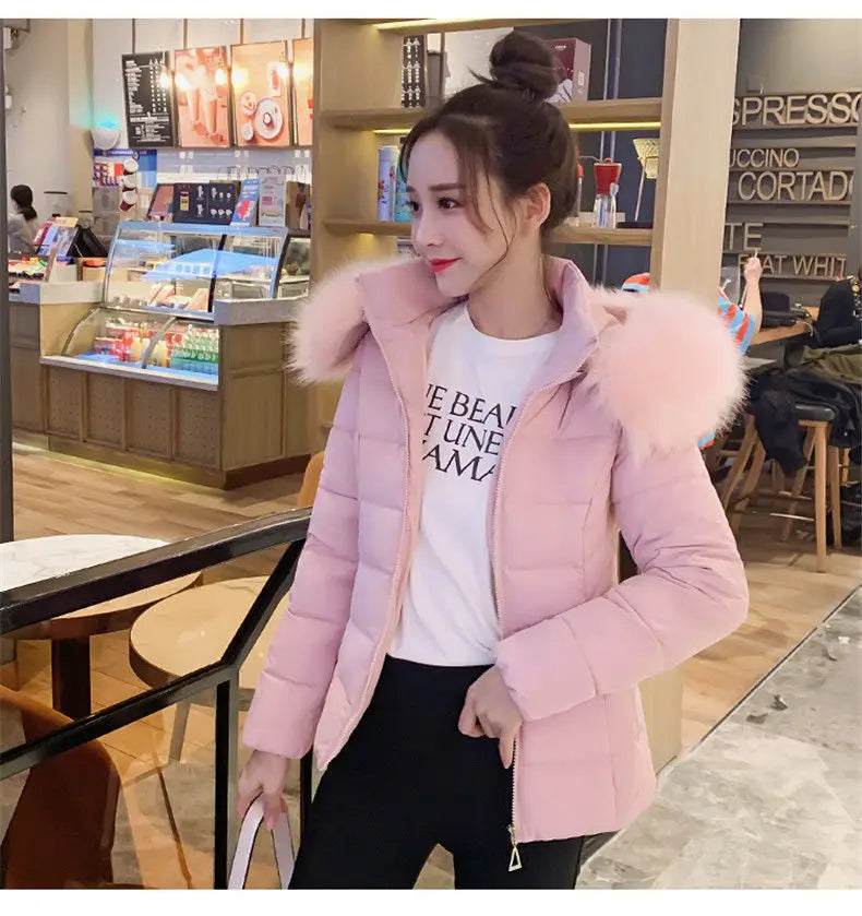 Fashion Winter Jacket Women 2025 New Korean Big Fur Collar Hooded Thick Down Parkas Female Short Coat Slim Warm Outerwear R047