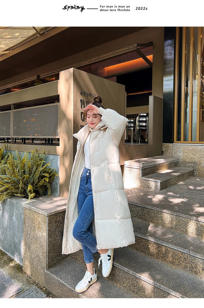 Vielleicht 2025 Korean Jacket Women Winter X-long Parkas Solid Hooded Thicken Warm Female Snow Wear Coat Padded Loose Clothes