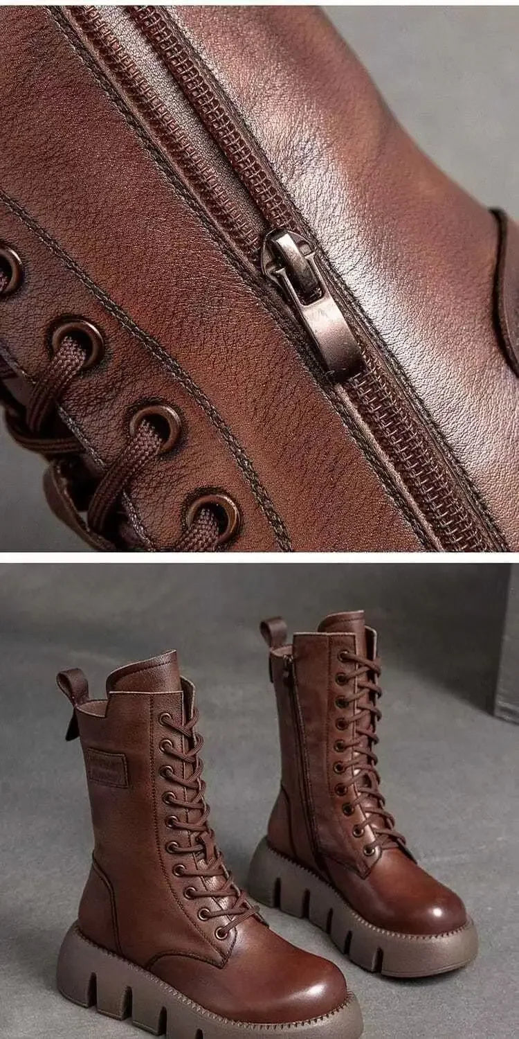 Winter Leather Women Boots 2025 Short Plush Mid-heel Snow Boots Lace Up Warm Lady Platform Biker Ankle Boots for Women Shoes