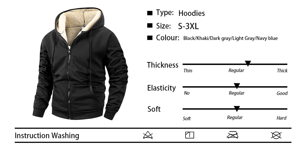 Winter Men's Zipper Jacket Fleece Warm Windproof Hoodies Heavyweight Cardigan Casual Sports Long Sleeve Sweatshirts Hooded Coat