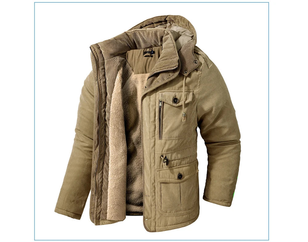 Winter Mens Fleece Warm Jackets Fashion Men Thicken Thermal Tactical Hooded Coats Men Outdoor Multi-pocket Windbreaker Jacket