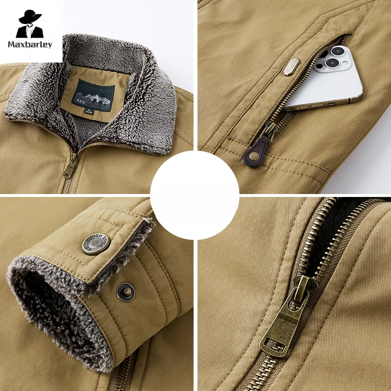 Autumn Winter Men's Jacket High Quality Clothing Thick Sheep Fur Collar Velvet Windproof Coat Male Casual Soft Fleece Warm Parka