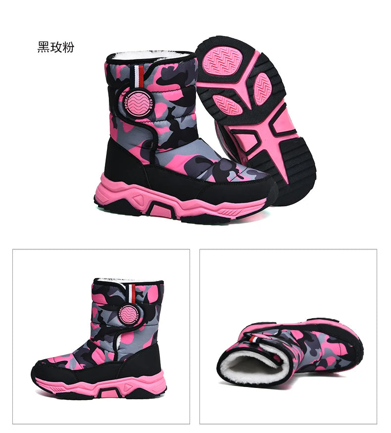 Winter Children Casual Shoes Girls Non-slip Warm Fur Snow Boots Boys Tactical Sneakers Kids Outdoor Footwear Padded Boots Female