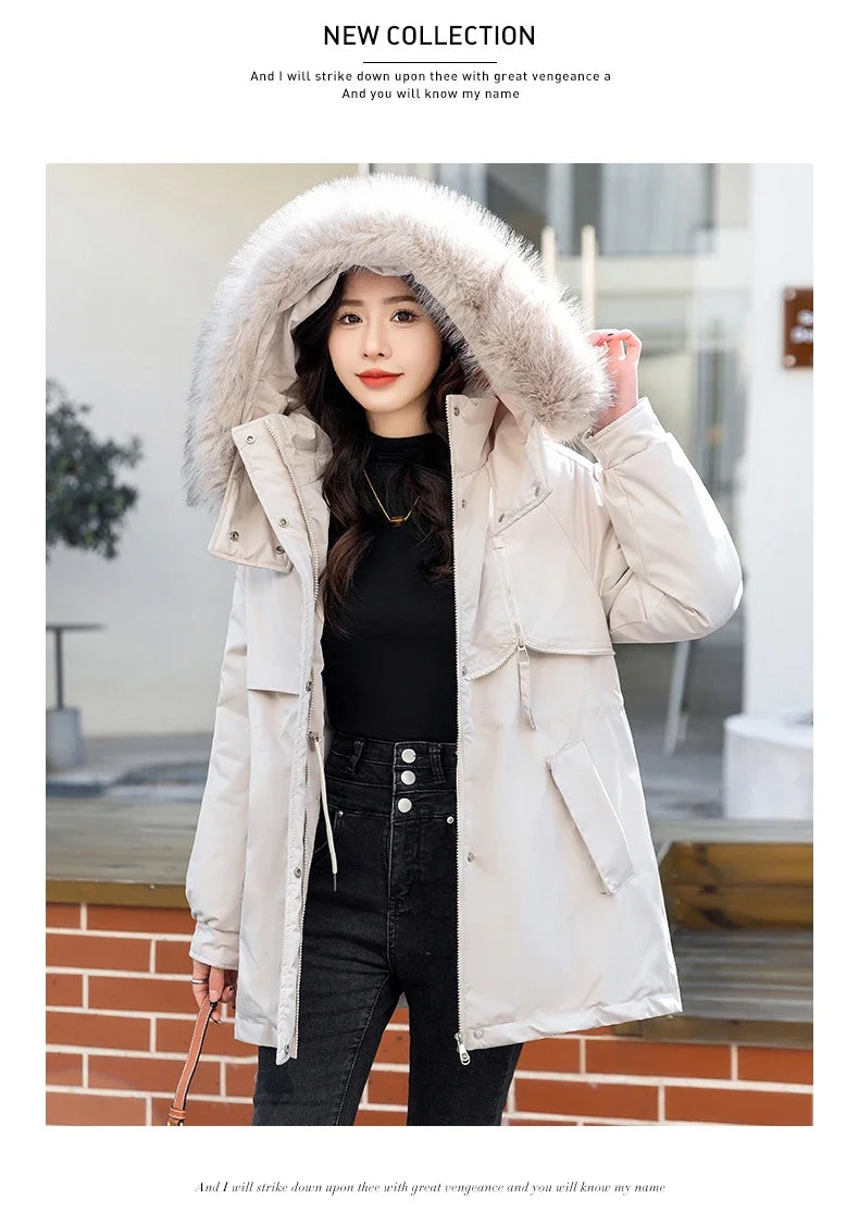 CJFHJE Parkas Winter Jackets Women Chaquetas Para Mujeres Waist Big Fur Collar Warm Down Jacket Outdoor Coat Abrigos De Plumas
