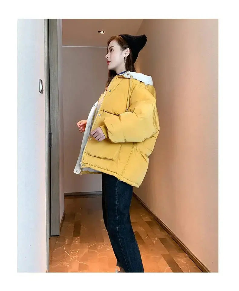 2024 Winter Korean Warm Female Puffer Coat Pocket Solid Parkas Padding Long Sleeve Thick New in Outerwears Hooded Women's Jacket