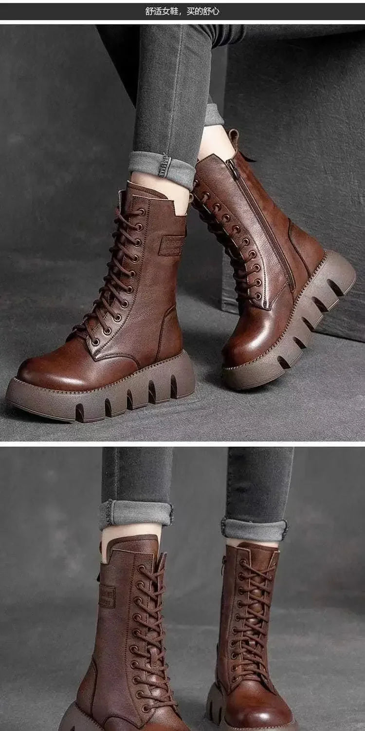 Winter Leather Women Boots 2025 Short Plush Mid-heel Snow Boots Lace Up Warm Lady Platform Biker Ankle Boots for Women Shoes