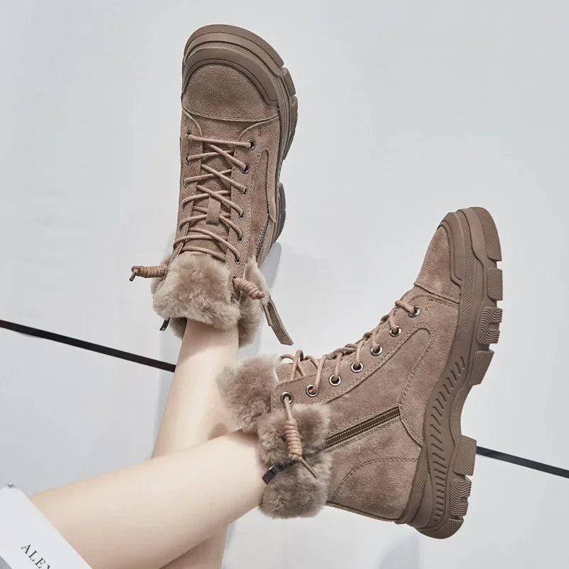 2024 Winter Shoes Women Snow Boots Thick Sole Warm Plush Cold Winter Shoes Genuine Leather Suede Women Ankle Boots