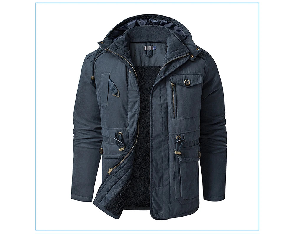 Winter Mens Fleece Warm Jackets Fashion Men Thicken Thermal Tactical Hooded Coats Men Outdoor Multi-pocket Windbreaker Jacket
