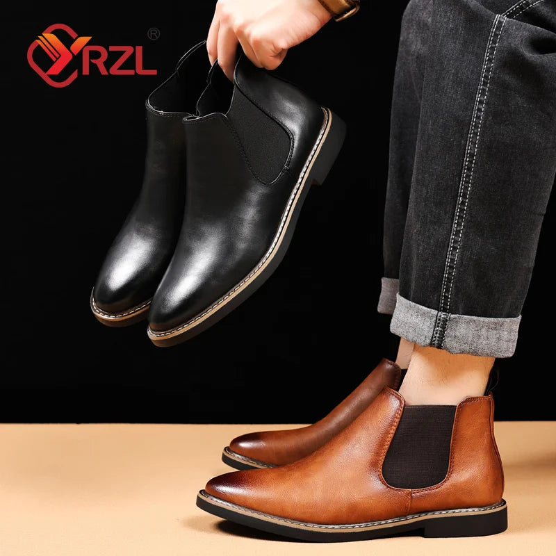 YRZL 39~47 Men Chelsea Boots Brand Retro Comfortable PU Leather Ankle Boots Men 2025 Fashion Black Brown Mens Boots
