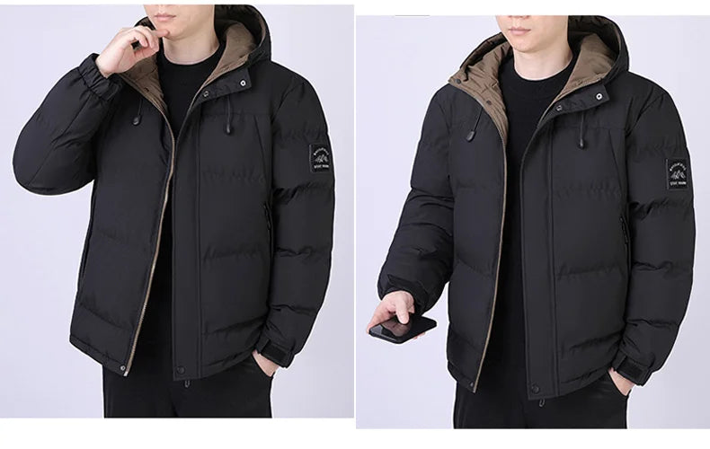 Fashion Trend with Hood Parkas for Men Quality Comfortable Thicken Warm Outerwear Solid Color Windproof Male Clothes Winter New