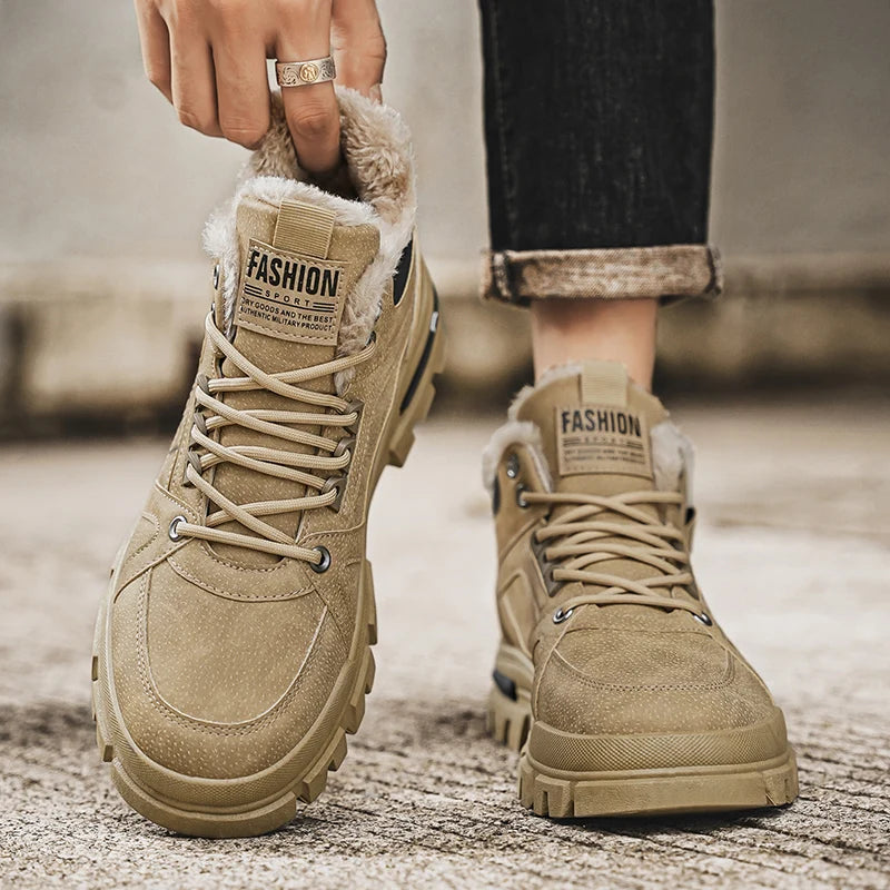 Men's plus size warm and velvet work boots soft-sole anti-slip high-top boots winter fashion youth comfort outdoor cotton boots